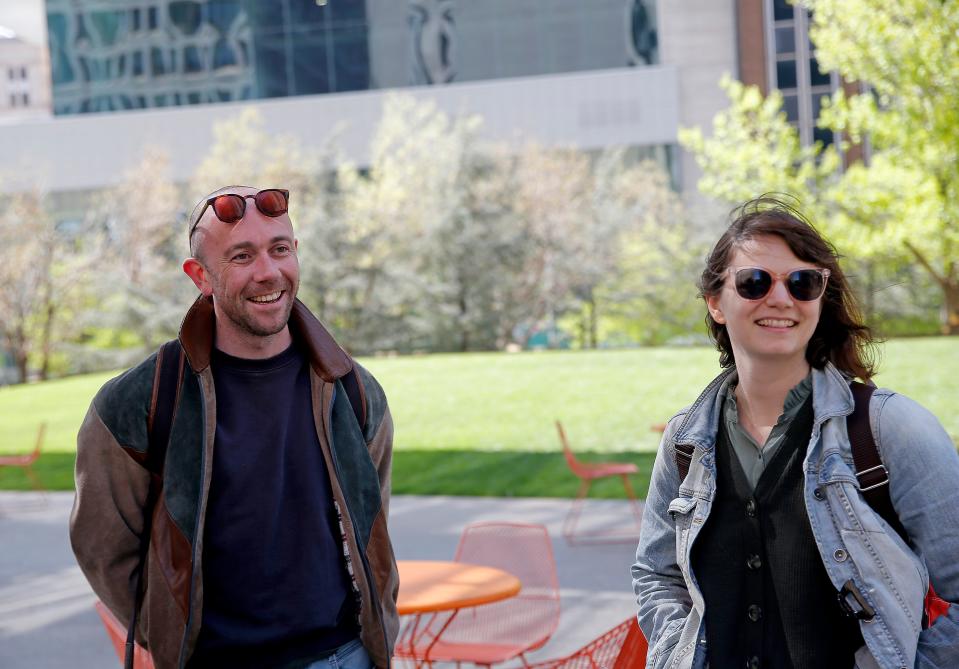 Emily Zemba, right, and Hugh Farrell talk about the guided audio tour that will be offered with Oklahoma City Repertory Theatre's "Of a Mind: Oklahoma City" in Oklahoma City, Friday, April, 15, 2022.