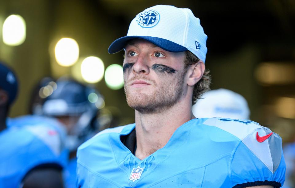 Aug 10, 2024; Nashville, Tennessee, USA; Tennessee Titans Will Levis (8) against the San Francisco 49ers during the first half at Nissan Stadium. Mandatory Credit: Steve Roberts-USA TODAY Sports ORG XMIT: IMAGN-882039 ORIG FILE ID: 20240810_ams_ra1_055.JPG