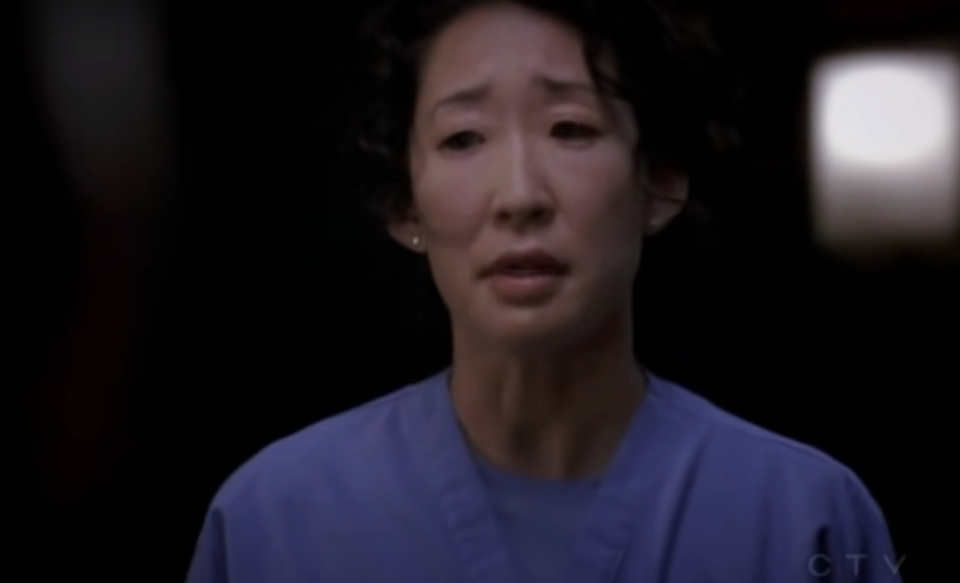 Dr Cristina Yang from Grey's Anatomy looking intense