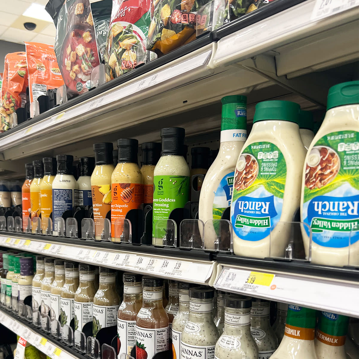 condiments and dressings on grocery store shelves