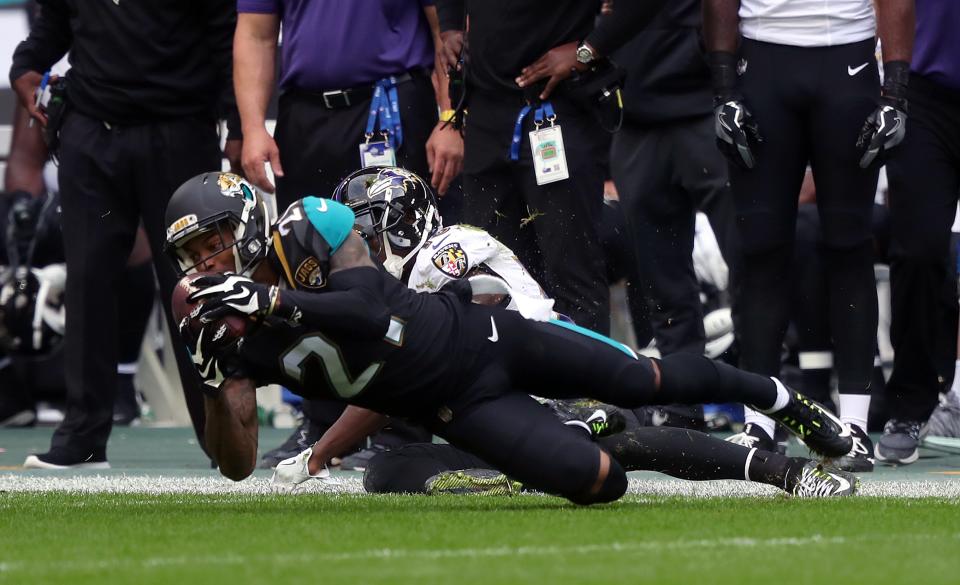 A.J. Bouye intercepts a Joe Flacco pass in the rout of Baltimore