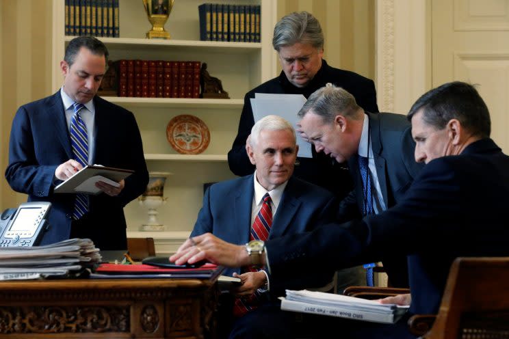 President Trump’s inner circle, left to right: White House chief of staff Reince Priebus, Vice President Mike Pence, senior adviser Steve Bannon, press secretary Sean Spicer and National Security Adviser Michael Flynn. (Photo: Jonathan Ernst/Reuters)