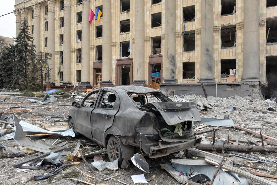 This general view shows the damaged local city hall of Kharkiv on March 1, 2022, destroyed as a result of Russian troop shelling.