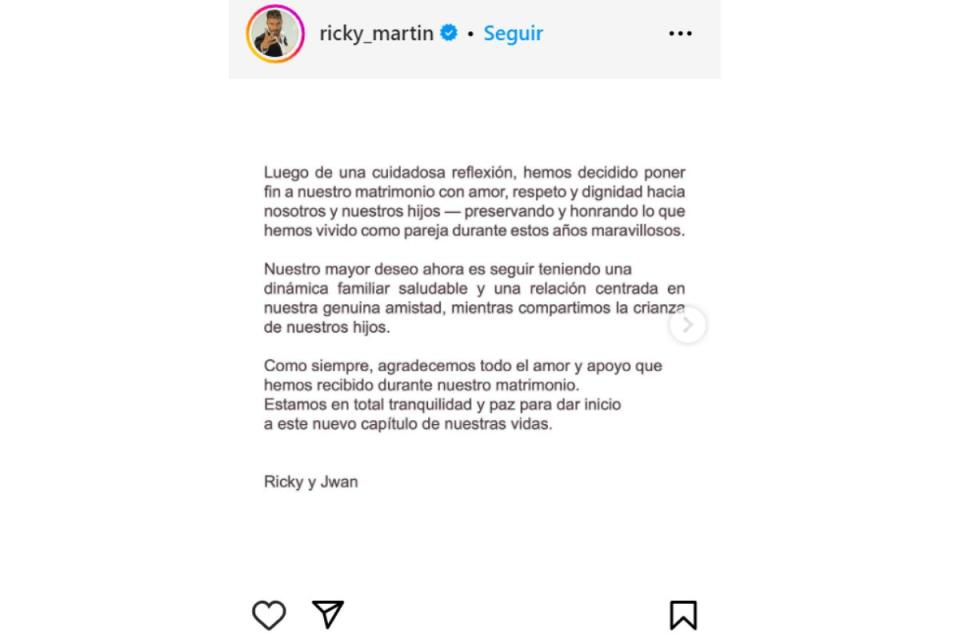 Captura de pantalla del comunicado sobre el divorcio compartido por Ricky Martin.