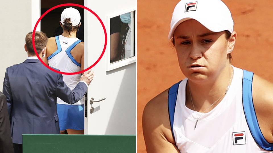 Ash Barty, pictured here leaving the court during a medical timeout at the French Open.