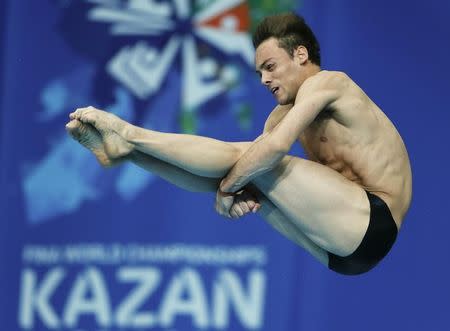 Britain's Thomas Daley jumps during the men's 10m platform semi-final at the Aquatics World Championships in Kazan, Russia August 1, 2015. REUTERS/Stefan Wermuth