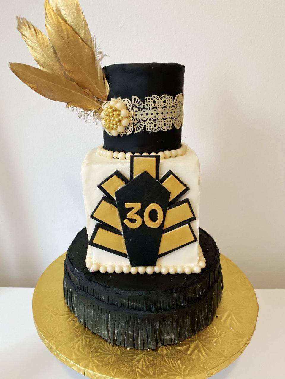 <p>This <em>Great Gatsby</em>-themed cake is begging to make an appearance at your party. Just look at how regal it is! Pair it with bubbly and all your besties for the best 30th birthday soirée.</p><p><strong>See more at </strong><a href="https://www.instagram.com/p/B3k8aqtDI6X/" rel="nofollow noopener" target="_blank" data-ylk="slk:Pink Clariss;elm:context_link;itc:0;sec:content-canvas" class="link "><strong>Pink Clariss</strong></a><strong>.</strong></p><p><a class="link " href="https://www.amazon.com/Sowder-Natural-Feathers-Clothing-Accessories/dp/B07QDDMD11/?tag=syn-yahoo-20&ascsubtag=%5Bartid%7C10050.g.31122098%5Bsrc%7Cyahoo-us" rel="nofollow noopener" target="_blank" data-ylk="slk:SHOP GOLD FEATHERS;elm:context_link;itc:0;sec:content-canvas"><strong>SHOP GOLD FEATHERS</strong></a></p>