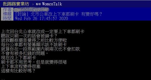 網友在PTT發文，詢問大家對上下刷卡的看法。（圖／翻攝自PTT）