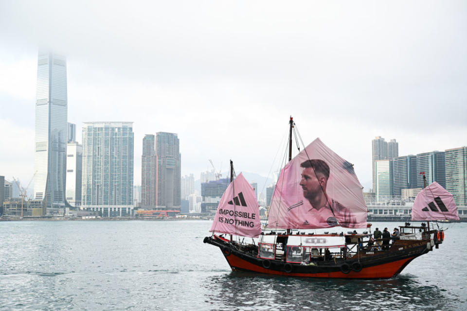 A junk boat featuring a Messi ad sails across Victoria Harbour on Feb. 2, 2024.<span class="copyright">Peter Parks—AFP/Getty Images</span>