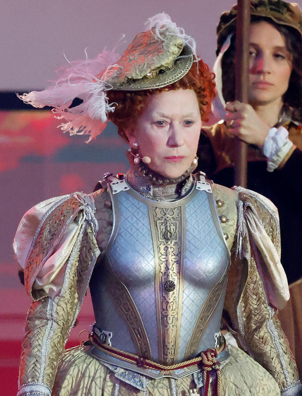 Dame Helen Mirren plays the role of Elizabeth I during 'A Gallop Through History' performance, part of the official celebrations for Queen Elizabeth II's Platinum Jubilee during the Royal Windsor Horse Show at Home Park, Windsor Castle on May 15, 2022 in Windsor, England.