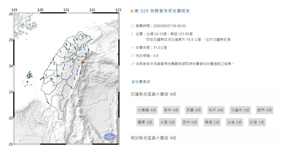 上午9時49分花蓮外海發生芮氏規模4.8地震。