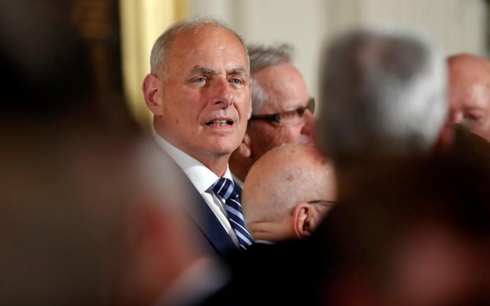 White House Chief of Staff John Kelly appears at event where President Donald Trump was bestowing the Medal of Honor to retired Army medic James McCloughan during a ceremony in the East Room of the White House in Washington, Monday, July 31, 2017 - Credit: AP