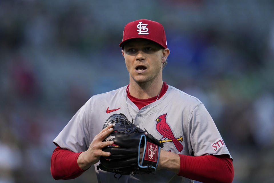 St. Louis Cardinals' Sonny Gray walks to the dugout after pitching against the Oakland Athletics during the third inning of a baseball game Monday, April 15, 2024, in Oakland, Calif. (AP Photo/Godofredo A. Vásquez)