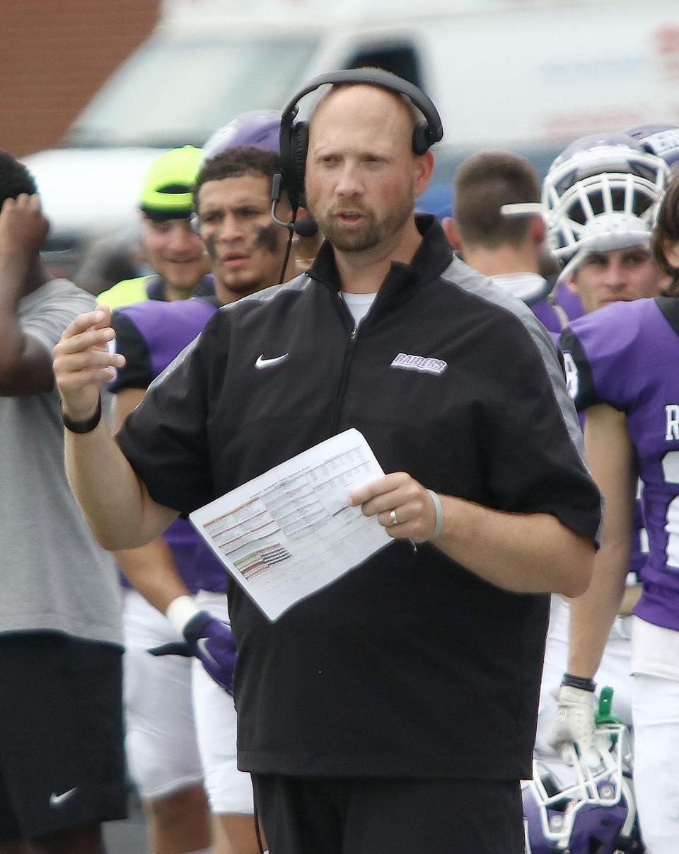 Mount Union head coach Geoff Dartt on the sidelines during the first game of the year against Defiance College Saturday afternoon, September 3, 2022 at Kehres Stadium.