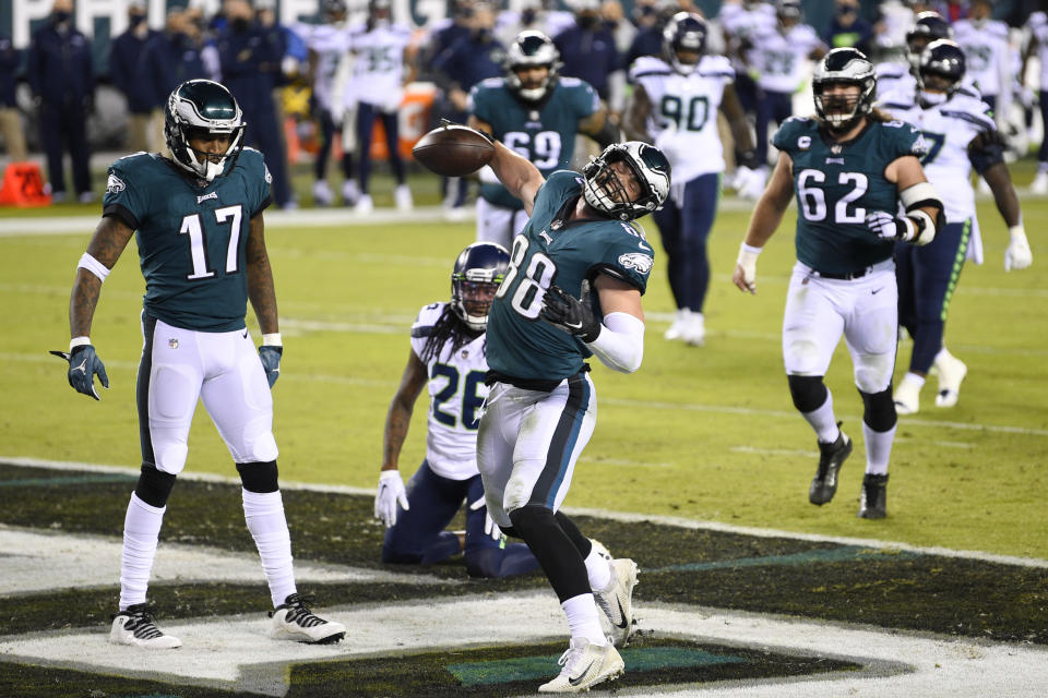 Philadelphia Eagles' Dallas Goedert (88) celebrates after scoring a touchdown during the first half of an NFL football game against the Seattle Seahawks, Monday, Nov. 30, 2020, in Philadelphia. (AP Photo/Derik Hamilton)