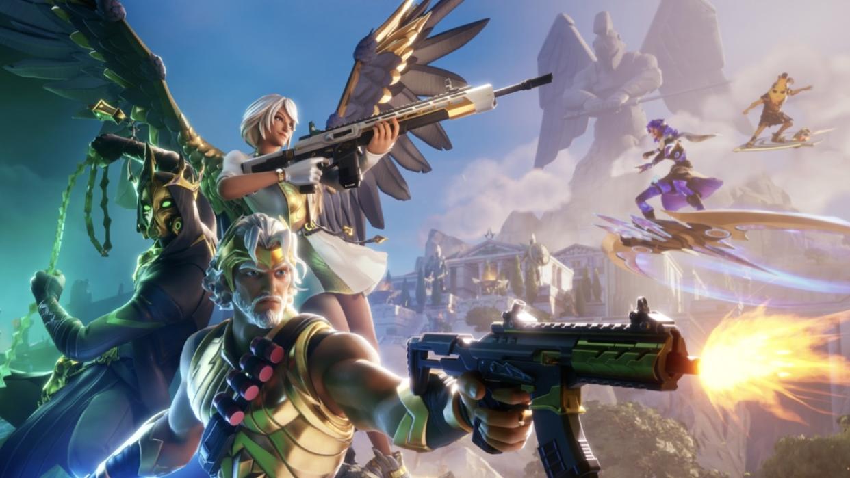  The loading screen for Fortnite: Myths and Mortals. Greek gods stand side by side as warfare explodes in the background. Foreground is Zeus holding an SMG. 