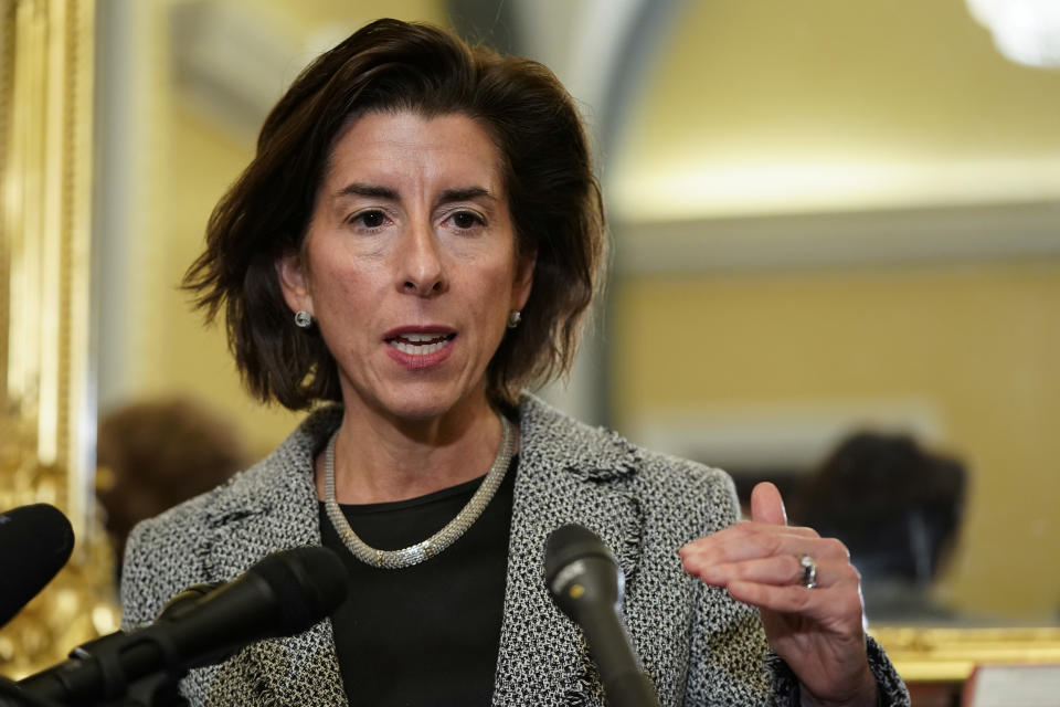 Commerce Secretary Gina Raimondo speaks about supply chain issues on November 4, 2021 at the U.S. Capitol in Washington, DC. (Photo by Joshua Roberts/Getty Images)