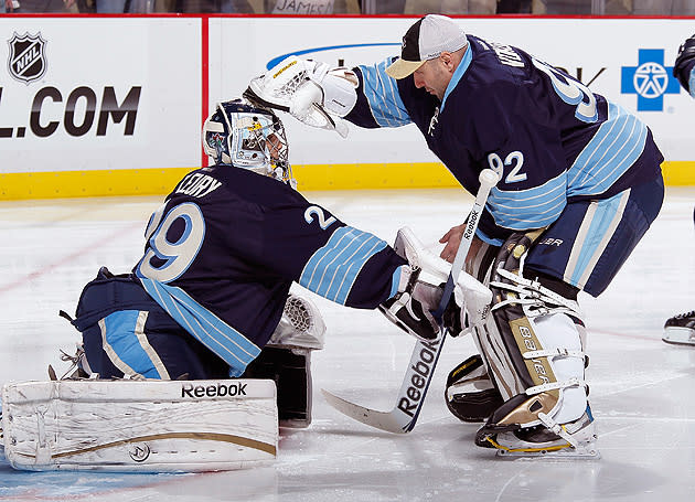 Pittsburgh Penguins goalie Marc-Andre Fleury makes a save against