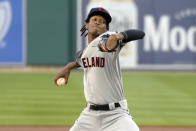 Cleveland Indians starting pitcher Triston McKenzie throws against the Detroit Tigers in the first inning of a baseball game Saturday, Sept. 19, 2020, in Detroit. (AP Photo/Jose Juarez)