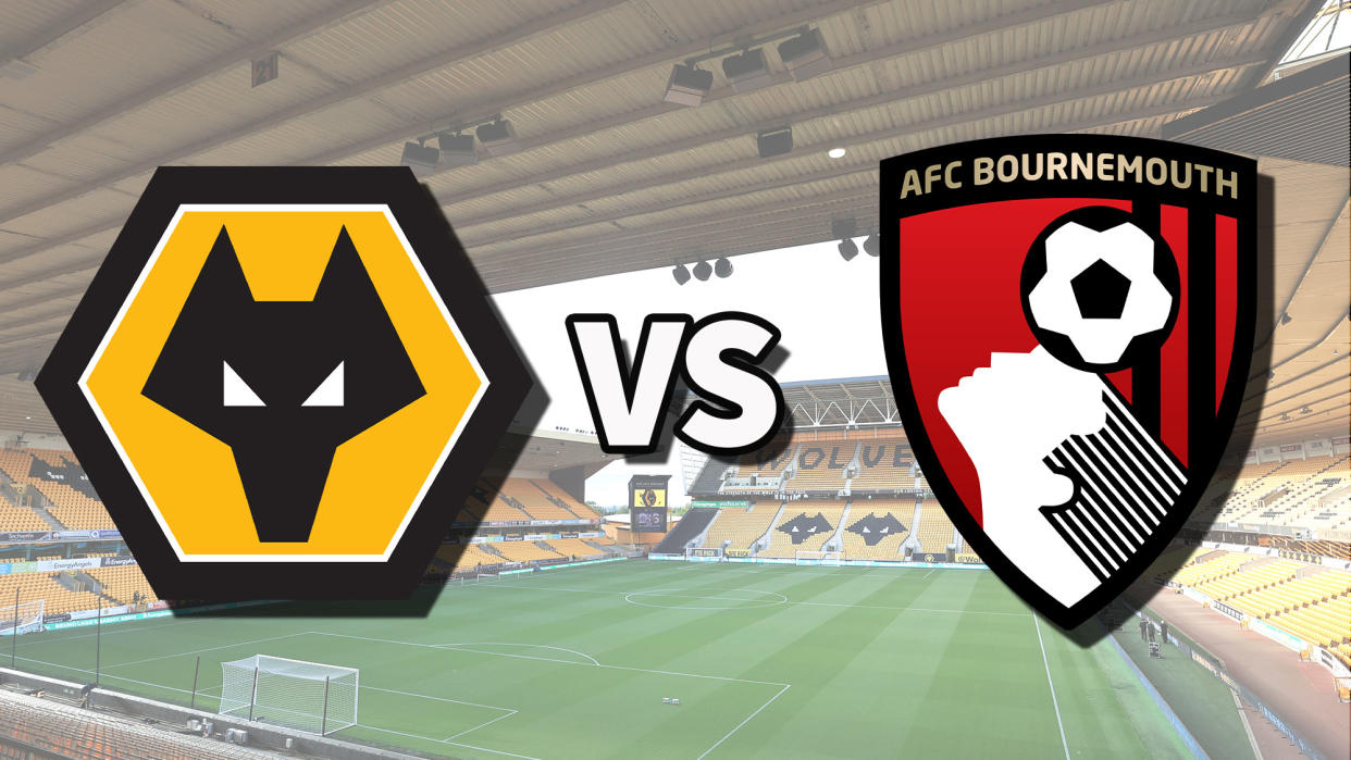  The Wolverhampton Wanderers and AFC Bournemouth club badges on top of a photo of Molineux stadium in Wolverhampton, England. 