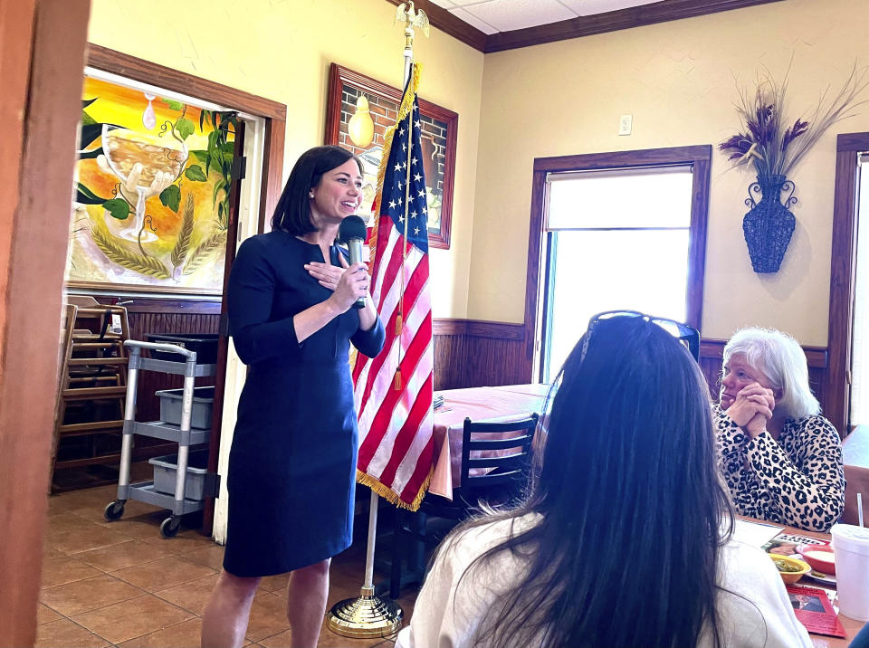 FILE - Alabama Republican Senate candidate Katie Britt speaks to a GOP club meeting in Opelika, Ala., May 16, 2022. Britt faces Rep. Mo Brooks and retiring Sen. Richard Shelby’s former chief of staff, and businessman Mike Durant in the May 24, 2022, Republican primary. (AP Photo/Kim Chandler, File)