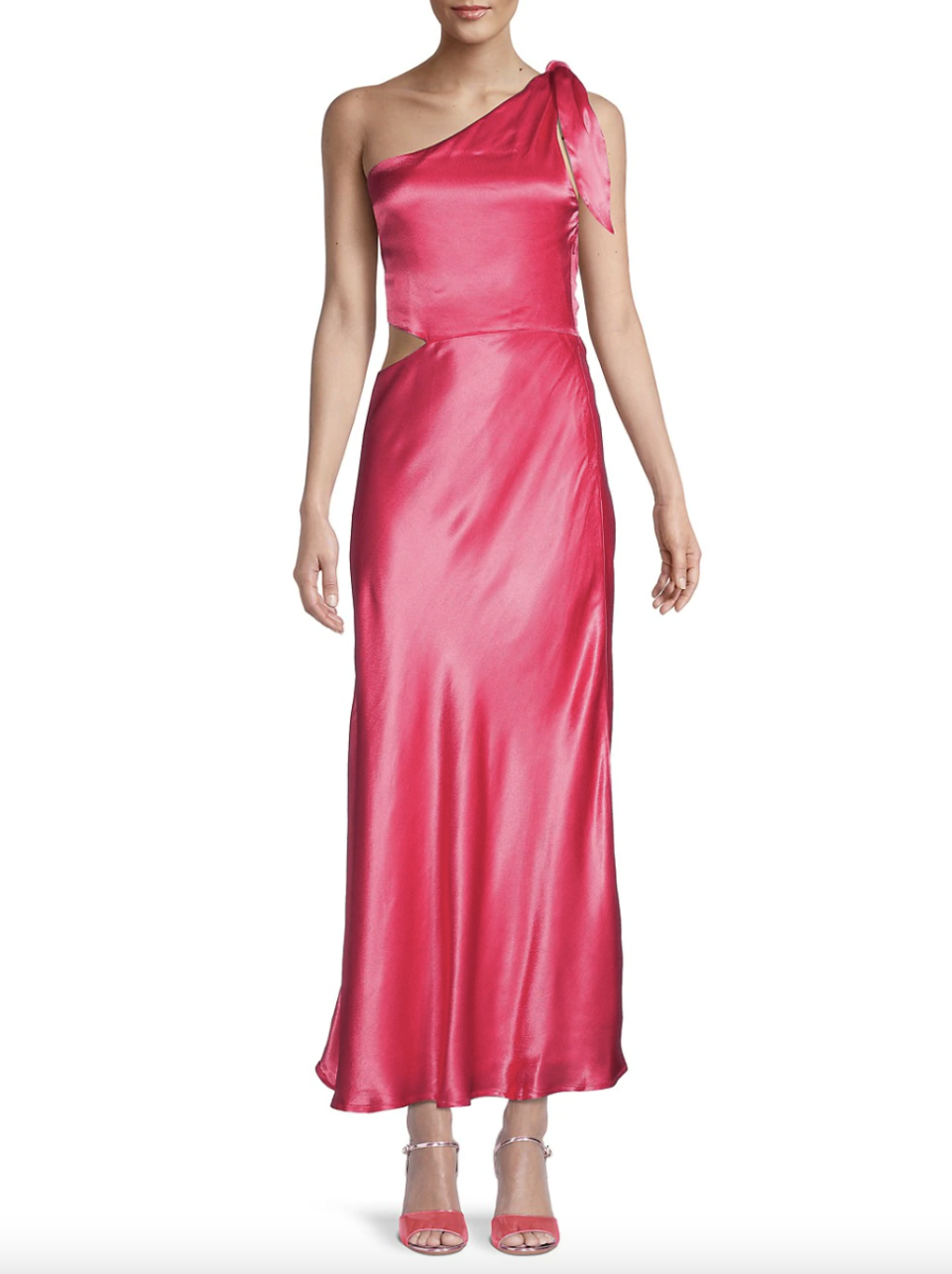 model in one shoulder hot pink Bardot &#x00200b;Audrey One-Shoulder Cutout Satin Maxi Dress (Photo via Saks Off Fifth)