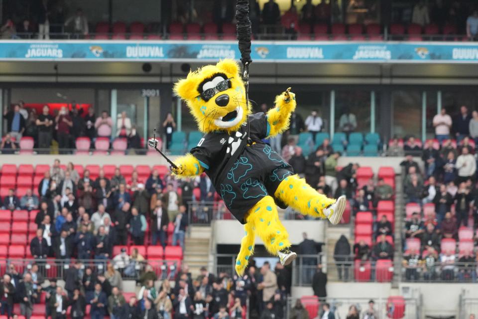 Week 8: Jacksonville Jaguars mascot Jaxson de Ville bungee jumps during an NFL International Series game against the Denver Broncos at Wembley Stadium in London.