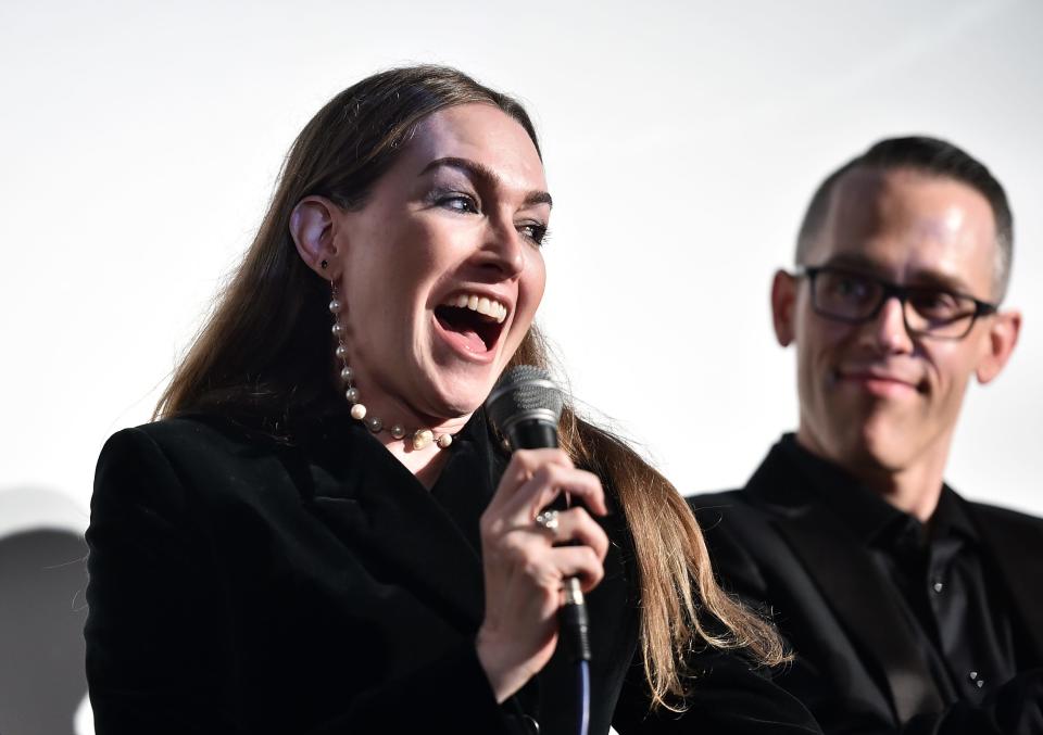 Jamie Clayton (left) and co-star Jason Liles speak onstage at a Beyond Fest special screening of "Hellraiser."