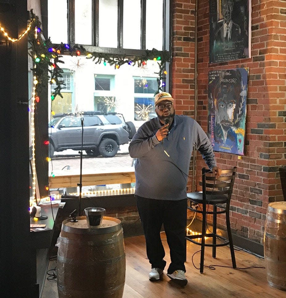 Wilmington comic Louis Tee at the After Brunch show he produces at the Wilmington Distillery.