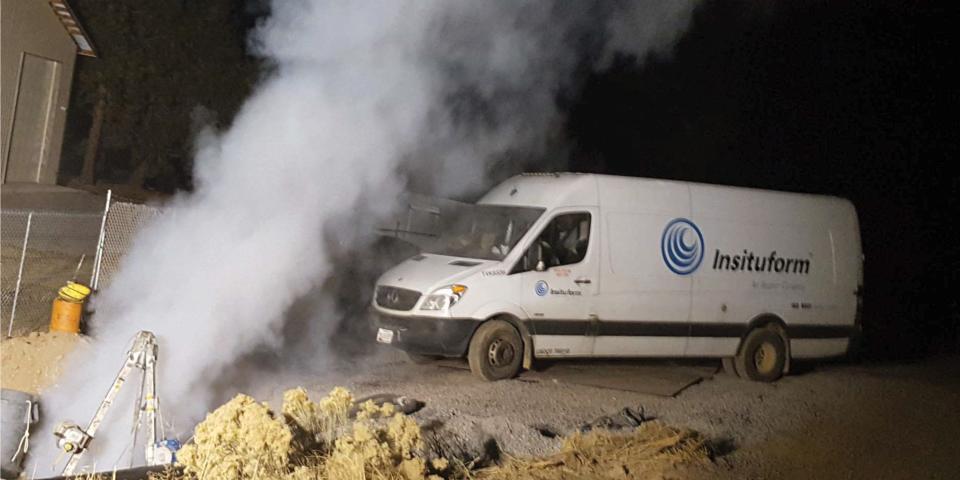 A chemical plume escapes from a manhole at the site of a cured-in-place pipe project in Bend, Oregon, in November 2018.