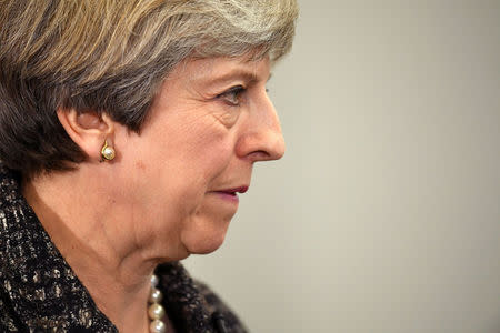 Britain's Prime Minister, Theresa May, addresses staff at GlaxoSmithKline toothpaste factory in Maidenhead, April 21, 2017. REUTERS/Leon Neal/Pool