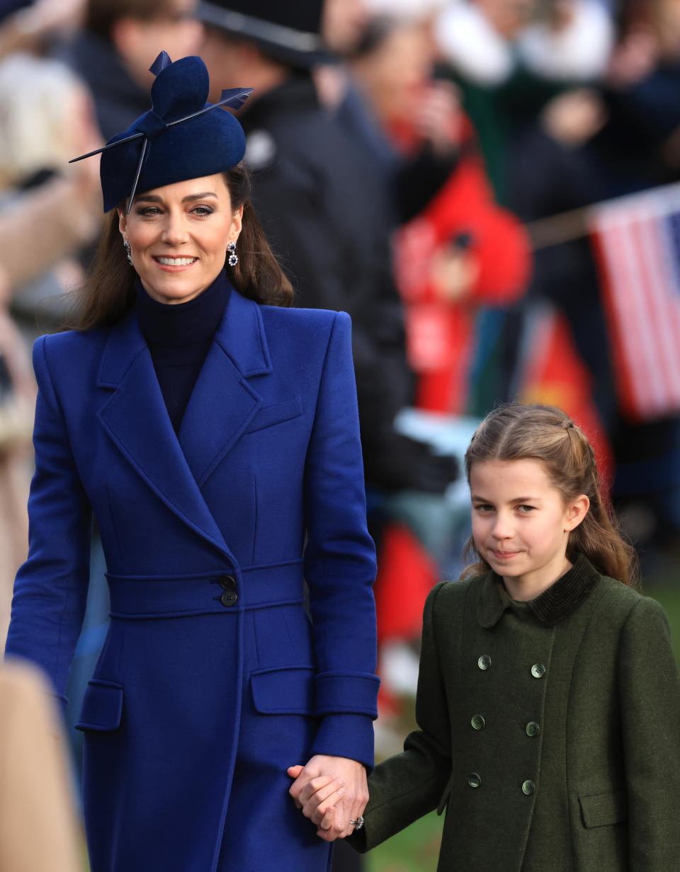 SANDRINGHAM, NORFOLK - DECEMBER 25: Catherine, Princess of Wales and Princess Charlotte attend the Christmas Morning Service at Sandringham Church on December 25, 2023 in Sandringham, Norfolk. (Photo by Stephen Pond/Getty Images)