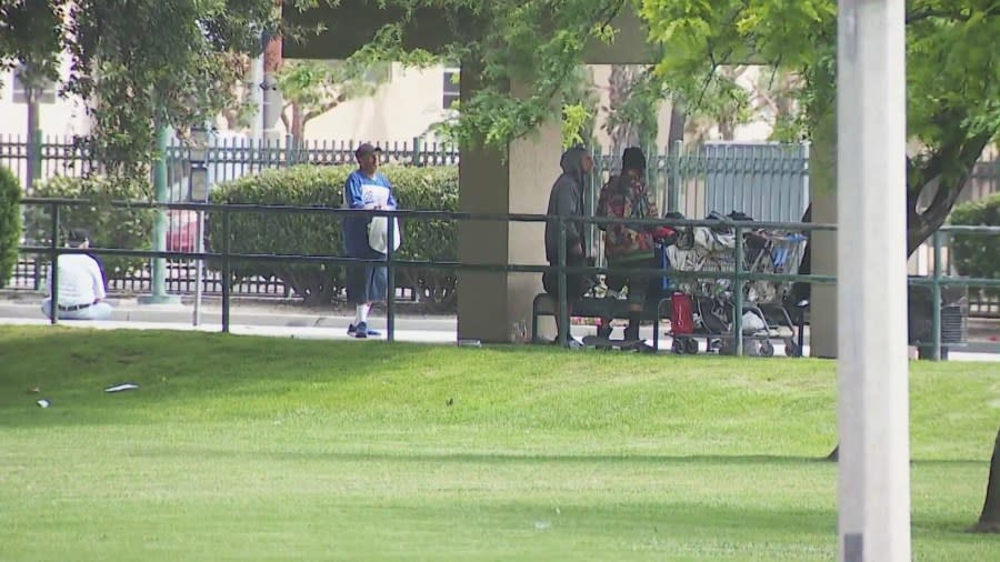 The Fontana Metrolink station and the park next to it is surrounded by homeless individuals who often sleep overnight, police said. (KTLA)