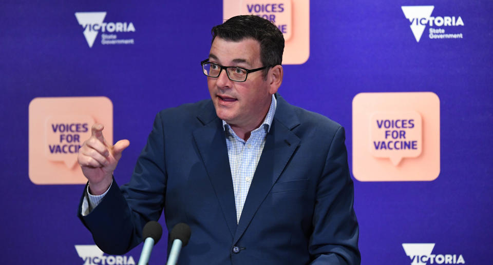 Victorian Premier Daniel Andrews addresses the media during a press conference in Melbourne on Friday, October 1, 2021.