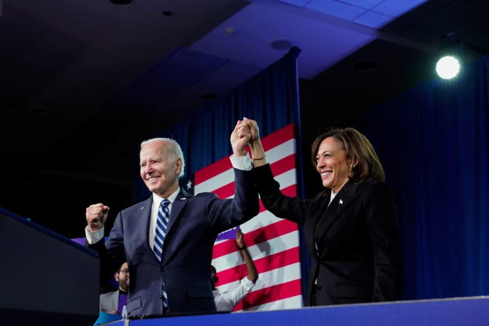 <div class="inline-image__caption"><p>U.S. President Joe Biden and Vice President Kamala Harris at the DNC 2023 Winter Meeting in Philadelphia.</p></div> <div class="inline-image__credit">Elizabeth Frantz/Retuers</div>