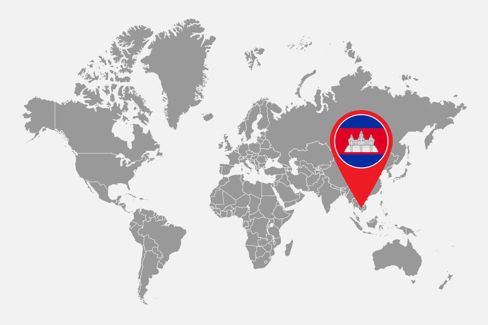A world map with Cambodia indicated