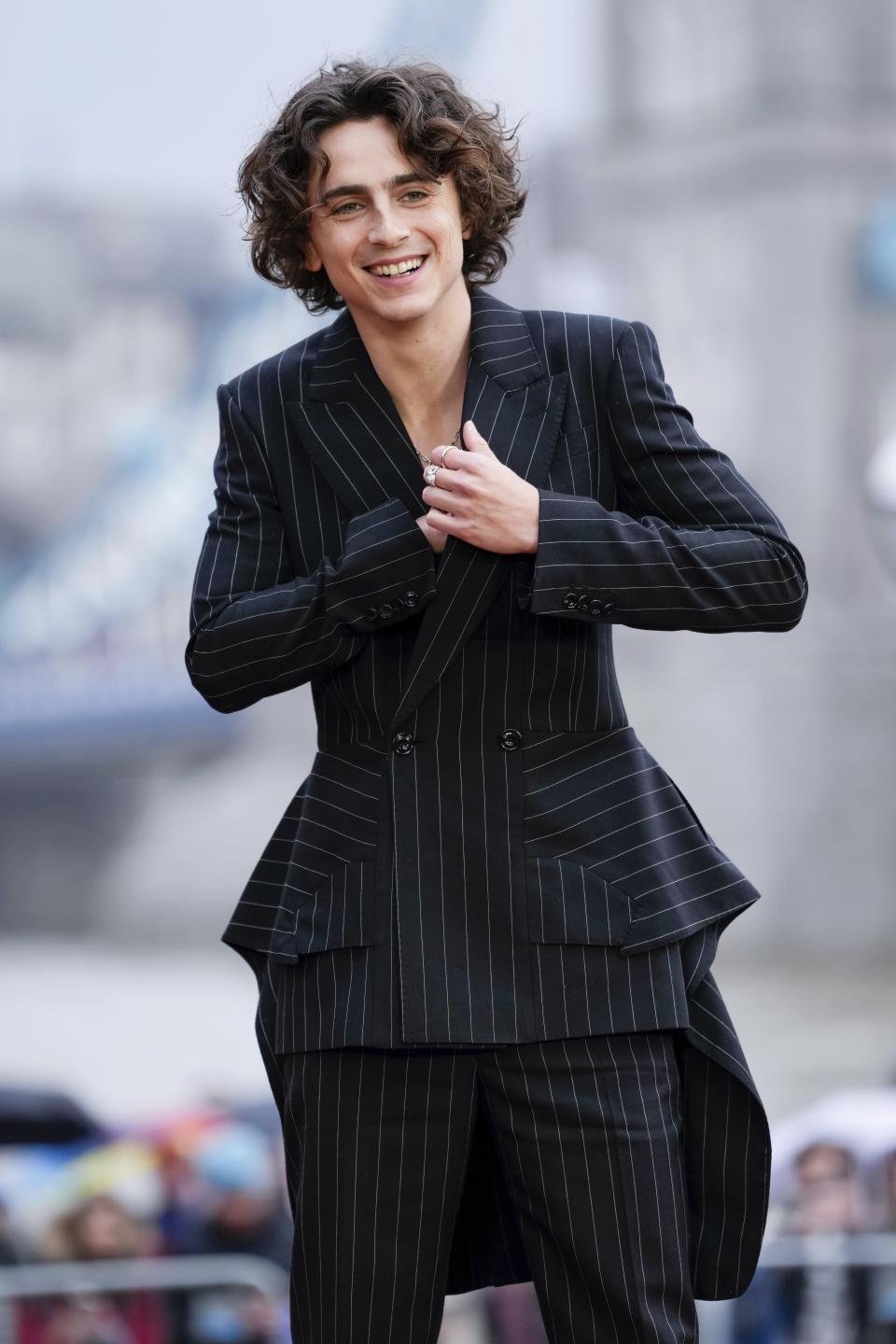 Timothee Chalamet poses for photographers upon arrival at the photo call of the film 'Wonka' in London, Monday, Nov. 27, 2023. (Photo by Scott Garfitt/Invision/AP)