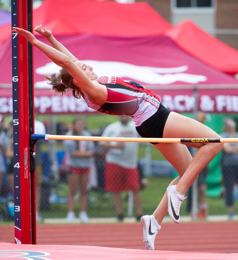 Bermudian Springs' Alison Watts competes toward a gold medal in the 2A high jump at the PIAA District 3 Track and Field Championships at Shippensburg University Friday, May 19, 2023. Watts won with a mark of 5-0.