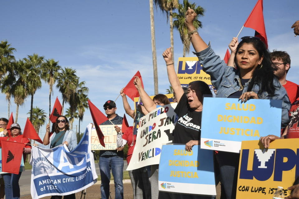 Local organizations in Brownsville, Texas, hold a rally before a news conference announcing the governor's signing of three bills broadening border security policies in the state on Monday, Dec. 18, 2023. (AP Photo/Valerie Gonzalez)