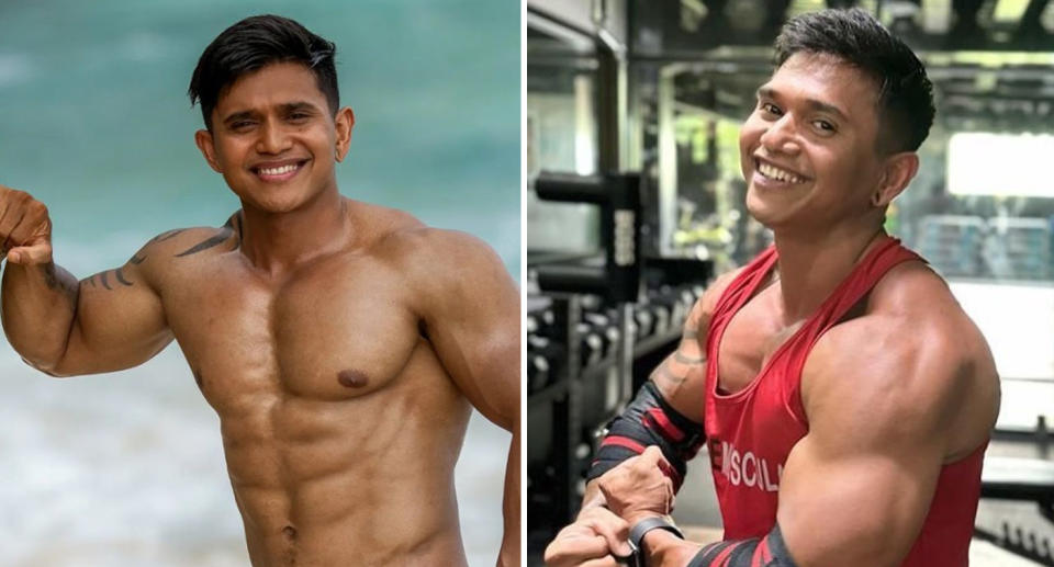 Left, Justyn Vicky can be seen posing topless at the beach for a professional photo. Right, he is smiling at the gym in a picture taken before the fitness influencer's freak death.