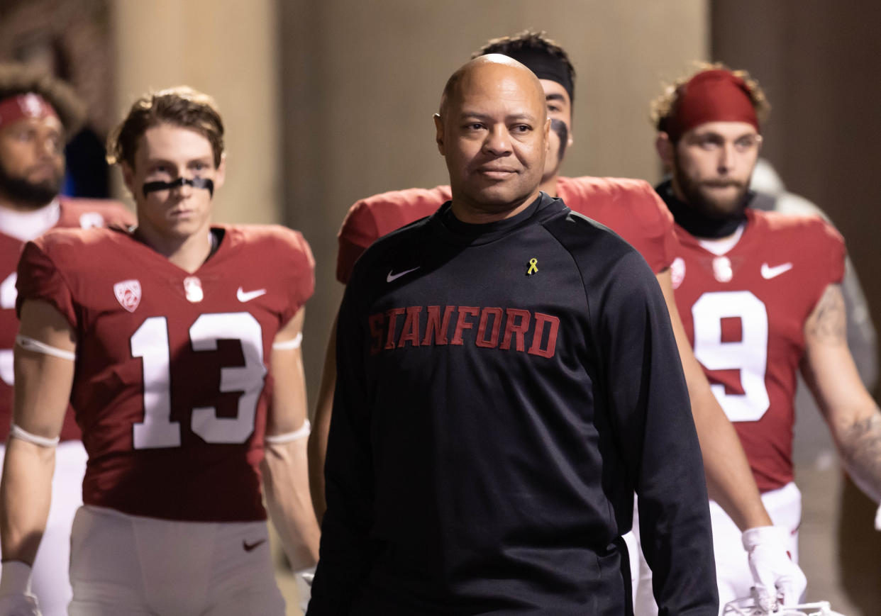 PALO ALTO, CA - NOVEMBER 26:  Head Coach David Shaw of the Stanford Cardinal waits to enter the stadium before an NCAA college football game against the BYU Cougars on November 26, 2022 at Stanford Stadium in Palo Alto, California.  (Photo by David Madison/Getty Images)