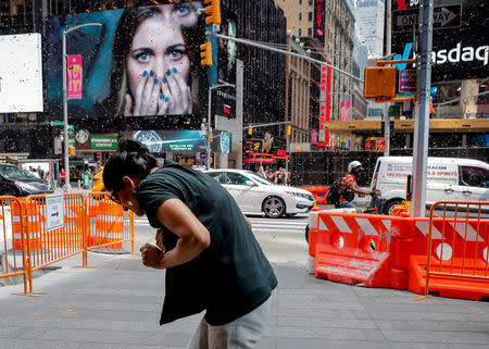 FILE PHOTO: A woman reacts to a swarm of bees in Times Square in New York City, U.S., August 28, 2018. REUTERS/Brendan McDermid/File Photo