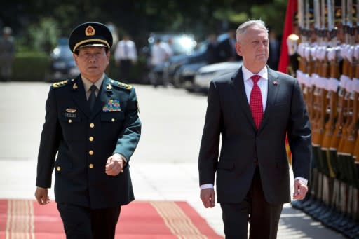 US Defence Secretary Jim Mattis (R) and China's Defence Minister Wei Fenghe are seen during a visit by Mattis to Beijing on June 27, 2018