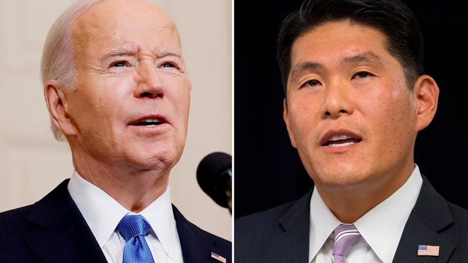 PHOTO: President Joe Biden speaks on the Senate's recent passage of the National Security Supplemental Bill at the White House, Feb. 13, 2024. United States Attorney Robert Hur speaks at a news conference, Sept. 19, 2018, in Baltimore. (Getty Images)