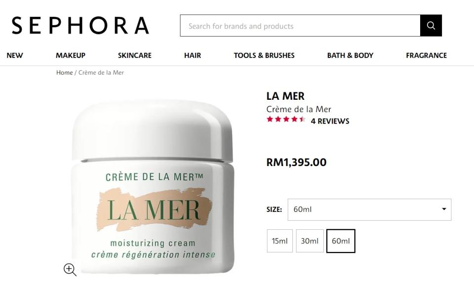 Crème de la Mer is known for its transformative healing properties that come with a hefty price tag.  —  Screen capture from Sephora Malaysia