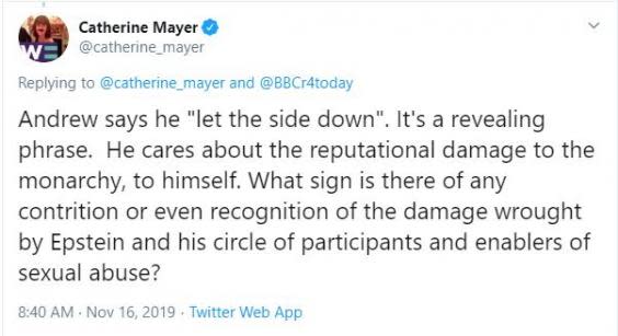 Catherine Mayer, founder of the Women’s Equality Party, questioned the Prince’s intelligence (Catherine Mayer/Twitter)