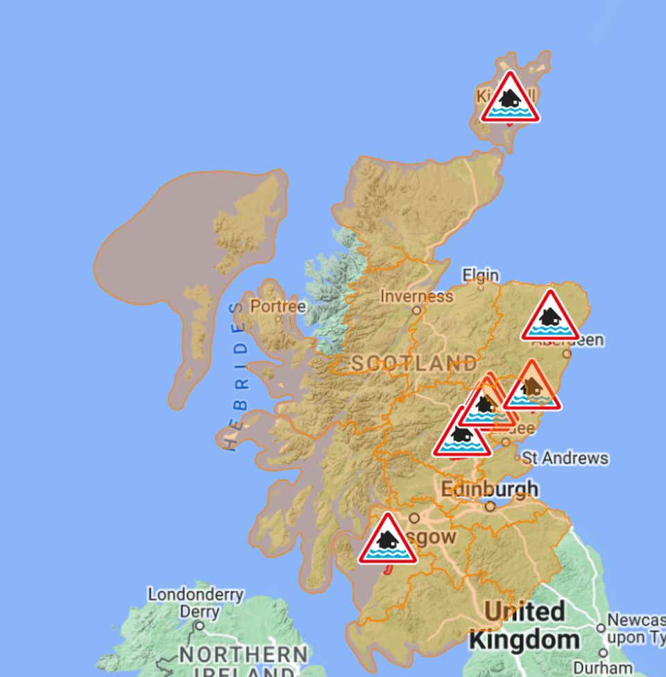 Nine flood warnings are in force in Scotland, while nearly all of the country is subject to lesser flood alerts (shown as orange on the map) (Scottish Environment Protection Agency)