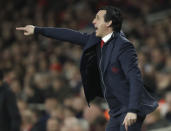 Arsenal's coach Unai Emery gives instructions from the side line during the Europa League round of 32 second leg soccer match between Arsenal and Bate at the Emirates stadium in London, Thursday, Feb. 21, 2019. (AP Photo/Matt Dunham)