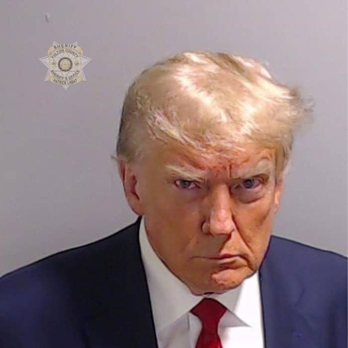 Donald Trump in a headshot. He is wearing a suit and tie. The photo background includes a sheriff's badge