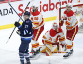 Winnipeg Jets' Nikolaj Ehlers (27) celebrates his goal against the Calgary Flames during the first period of an NHL hockey game Thursday, April 4, 2024, in Winnipeg, Manitoba. (John Woods/The Canadian Press via AP)